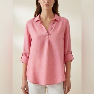 Sigrid Olsen 100% Linen Tunic Top Shirt Coral Pink Long Sleeve Size S